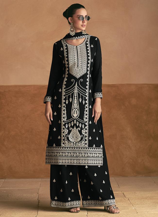 Premium Chinnon Silk Black Traditional Wear Embroidery Work Readymade Plazzo Suit